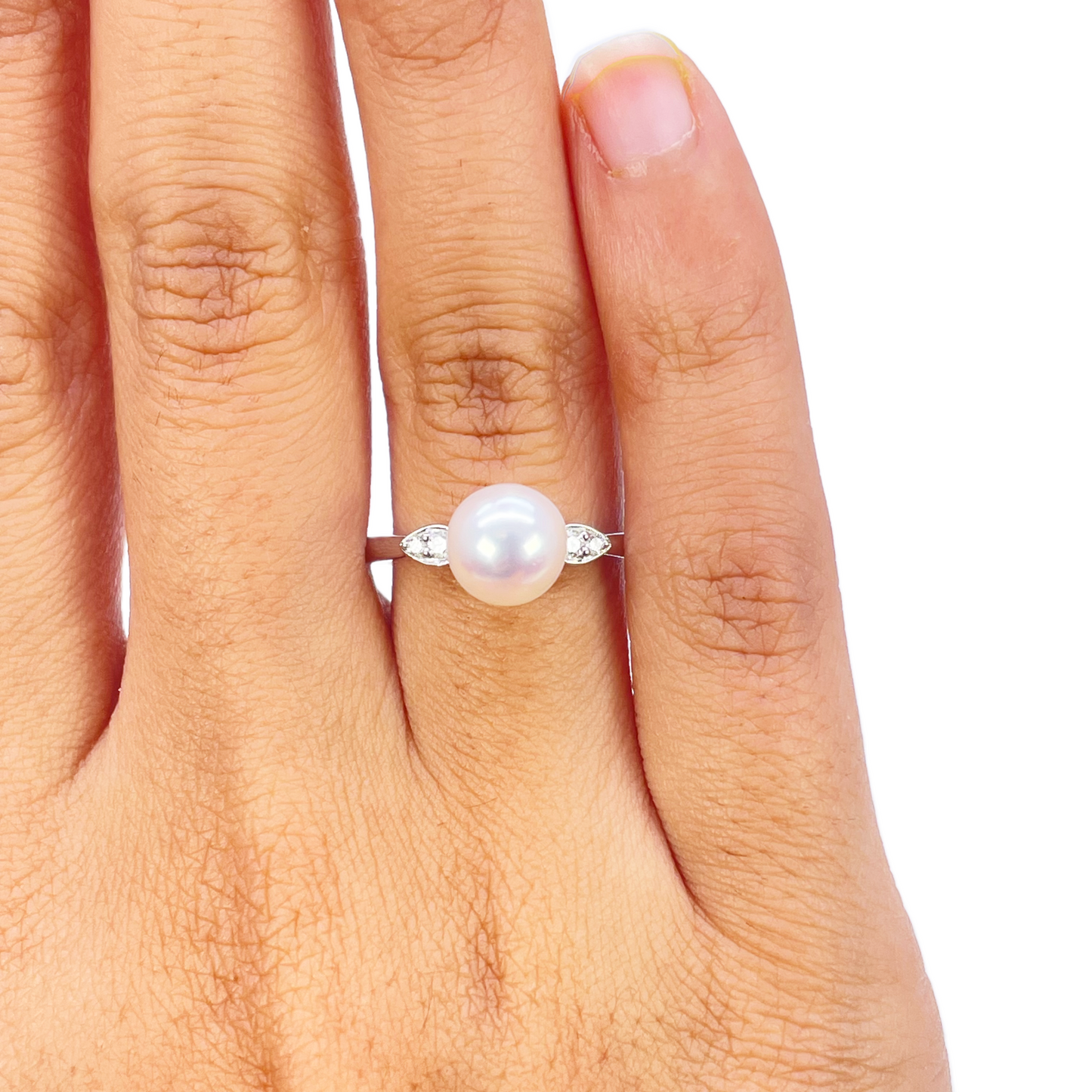 18kt guld ferskvandsperle diamant ring naturlig rund 0,07ct