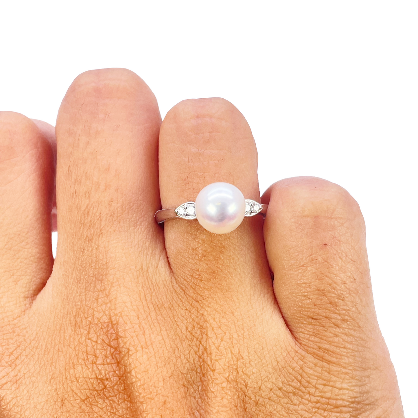 18kt guld ferskvandsperle diamant ring naturlig rund 0,07ct
