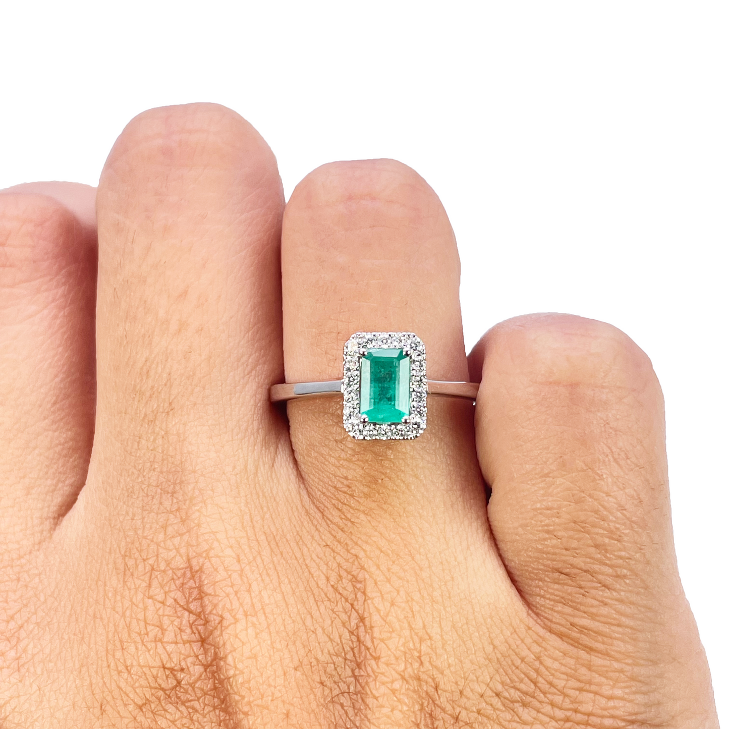 18kt guld naturlig smaragd diamant halo ring rund & smaragd slibning 0,70ct