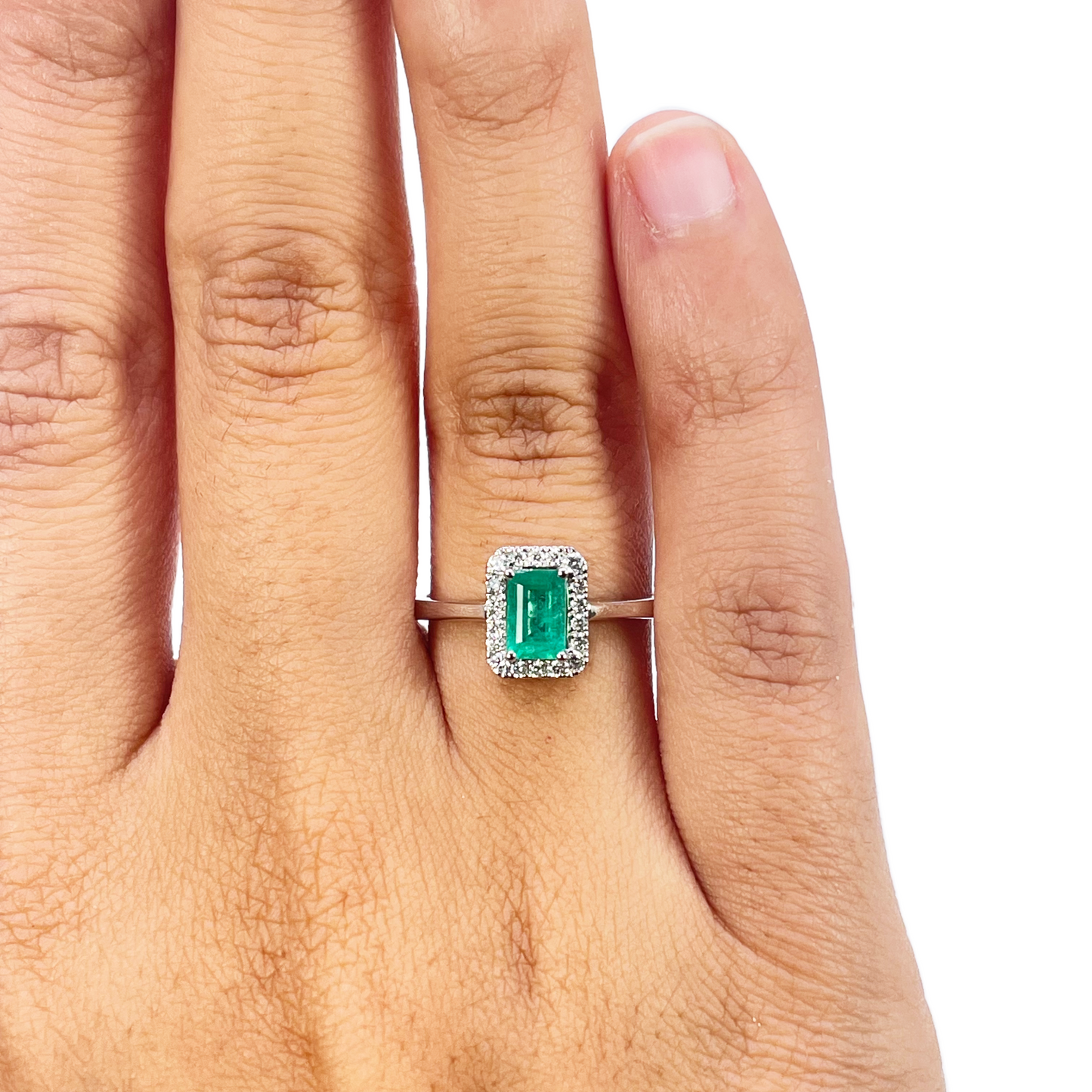 18kt guld naturlig smaragd diamant halo ring rund & smaragd slibning 0,70ct