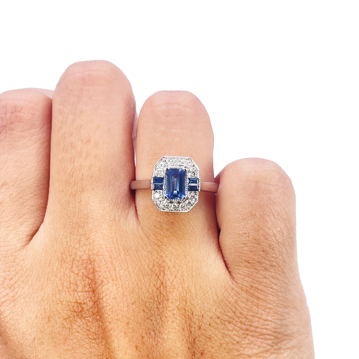 18kt guld naturlig safir diamant halo ring rund & smaragd slibning 1,00ct