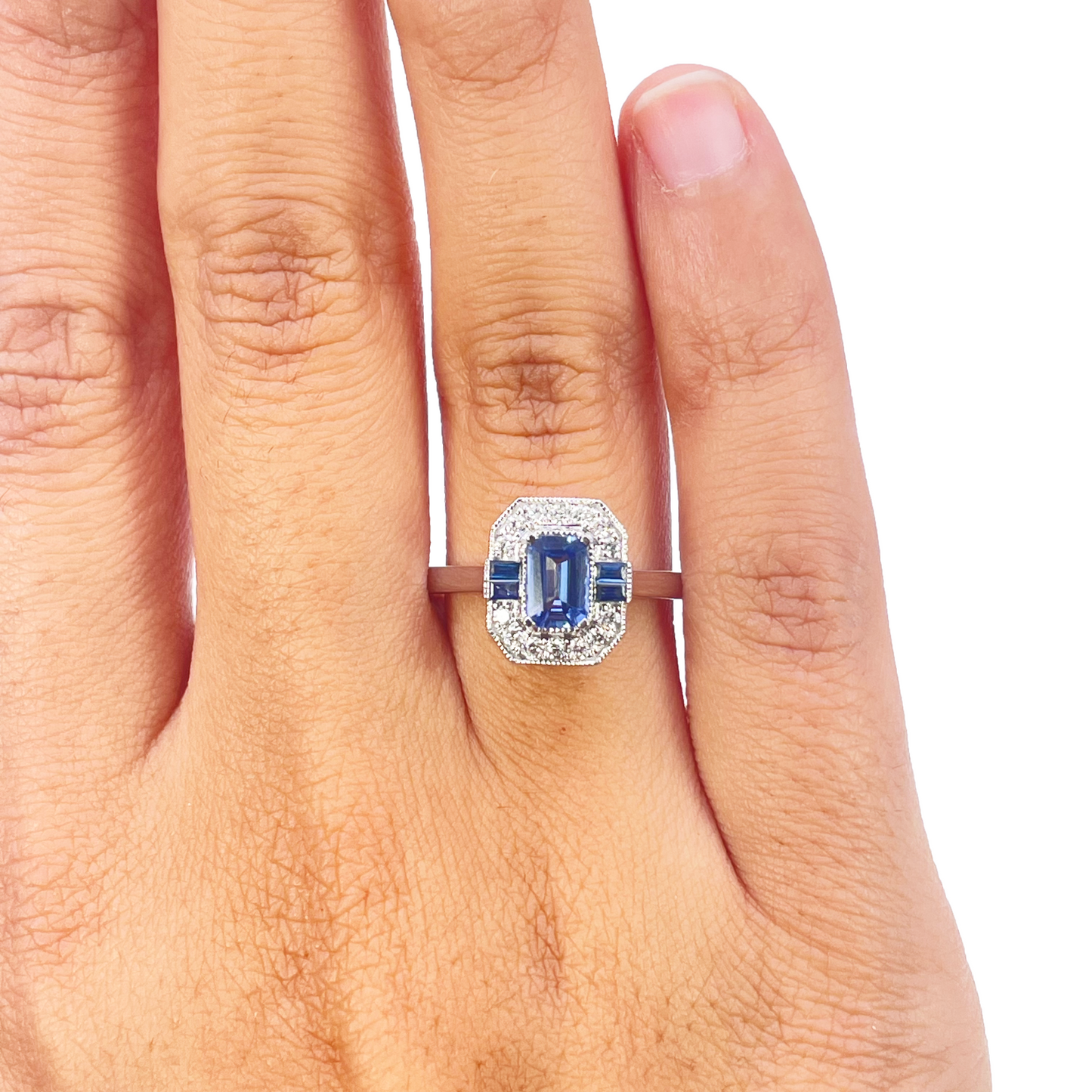 18kt guld naturlig safir diamant halo ring rund & smaragd slibning 1,00ct