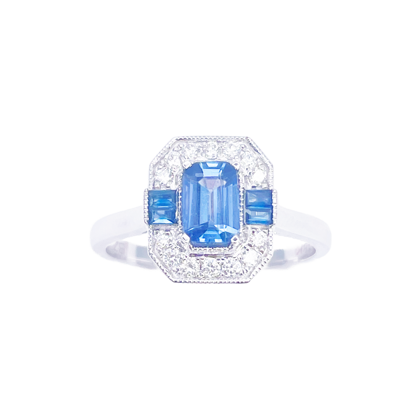 18kt guld naturlig safir diamant halo ring rund & smaragd slibning 1,00ct