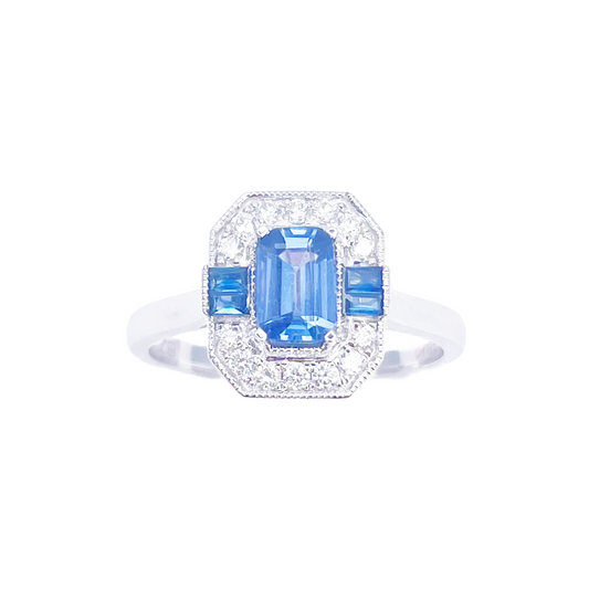 18kt guld naturlig safir diamant halo ring rund & smaragd slibning 1,00ct