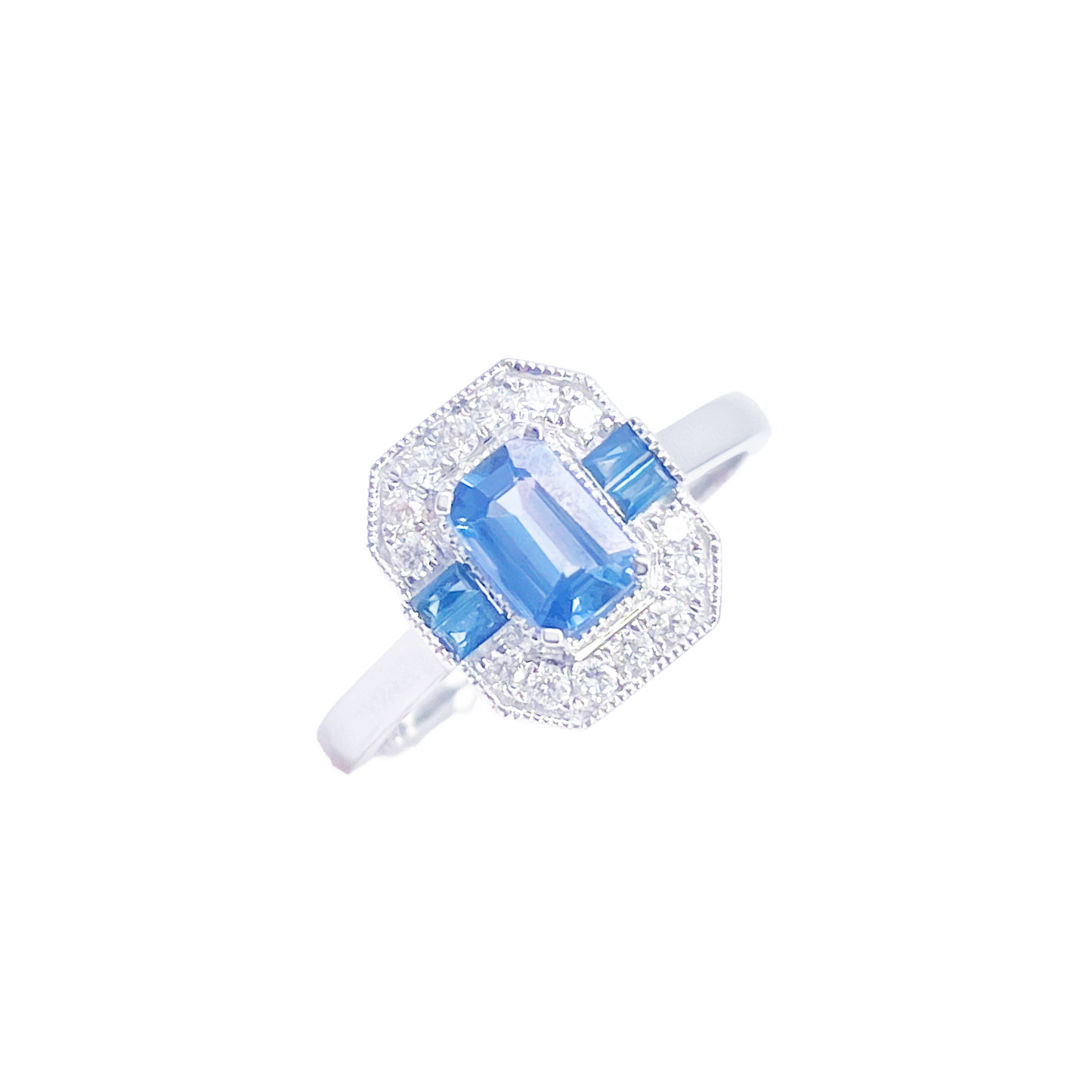 18kt guld naturlig safir diamant halo ring rund & smaragd slibning 1,00ct
