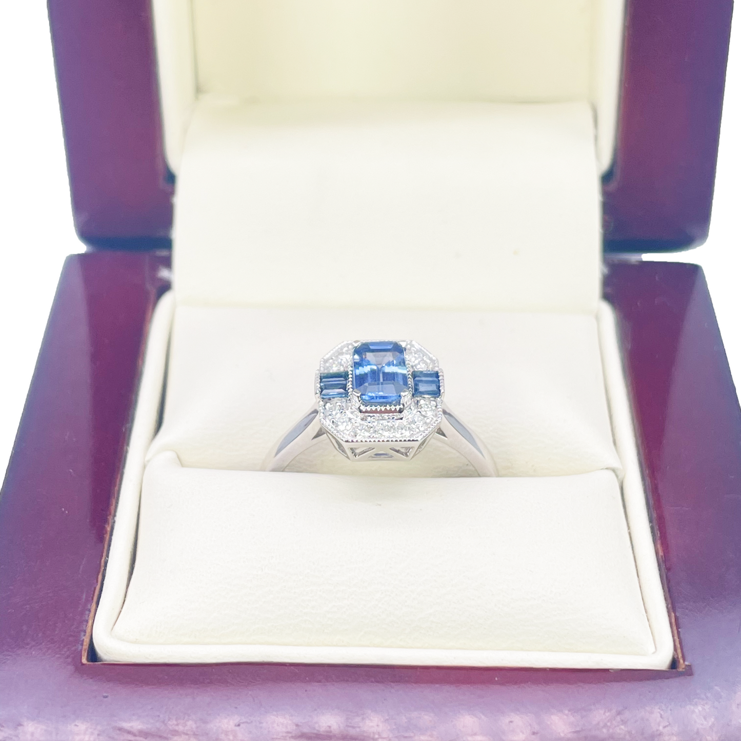 18kt guld naturlig safir diamant halo ring rund & smaragd slibning 1,00ct