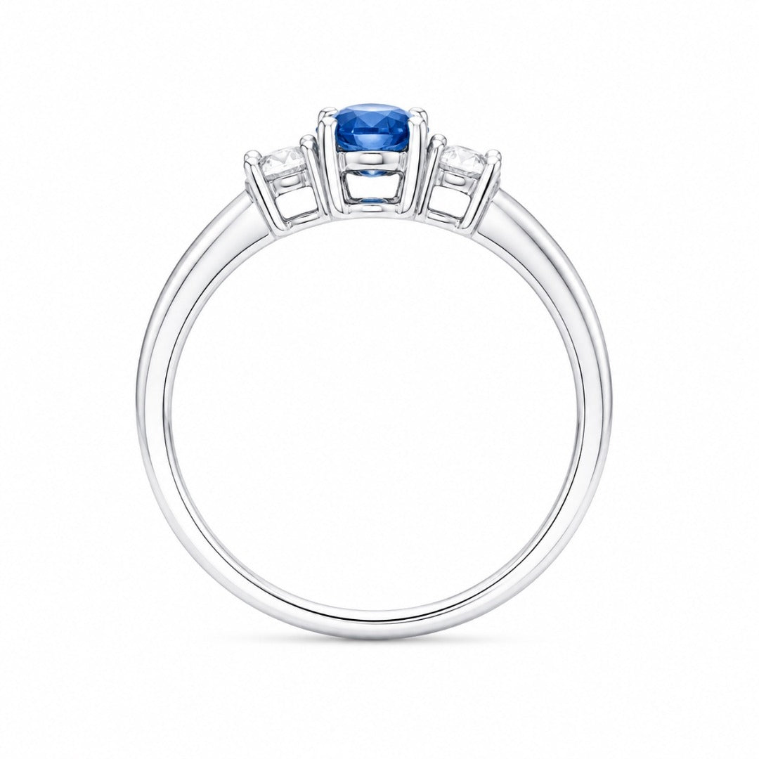 18kt guld naturlig safir diamant tre-sten ring rund & oval slibning 0,65ct