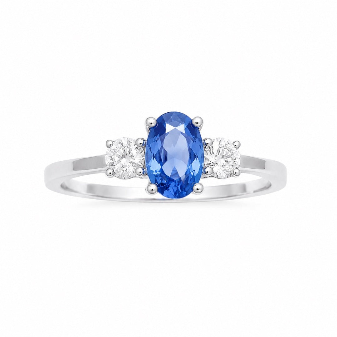 18kt guld naturlig safir diamant tre-sten ring rund & oval slibning 0,65ct