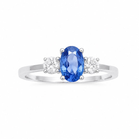 18kt guld naturlig safir diamant tre-sten ring rund & oval slibning 0,65ct