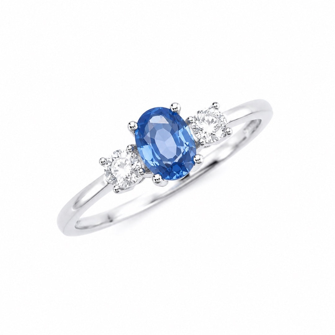 18kt guld naturlig safir diamant tre-sten ring rund & oval slibning 0,65ct