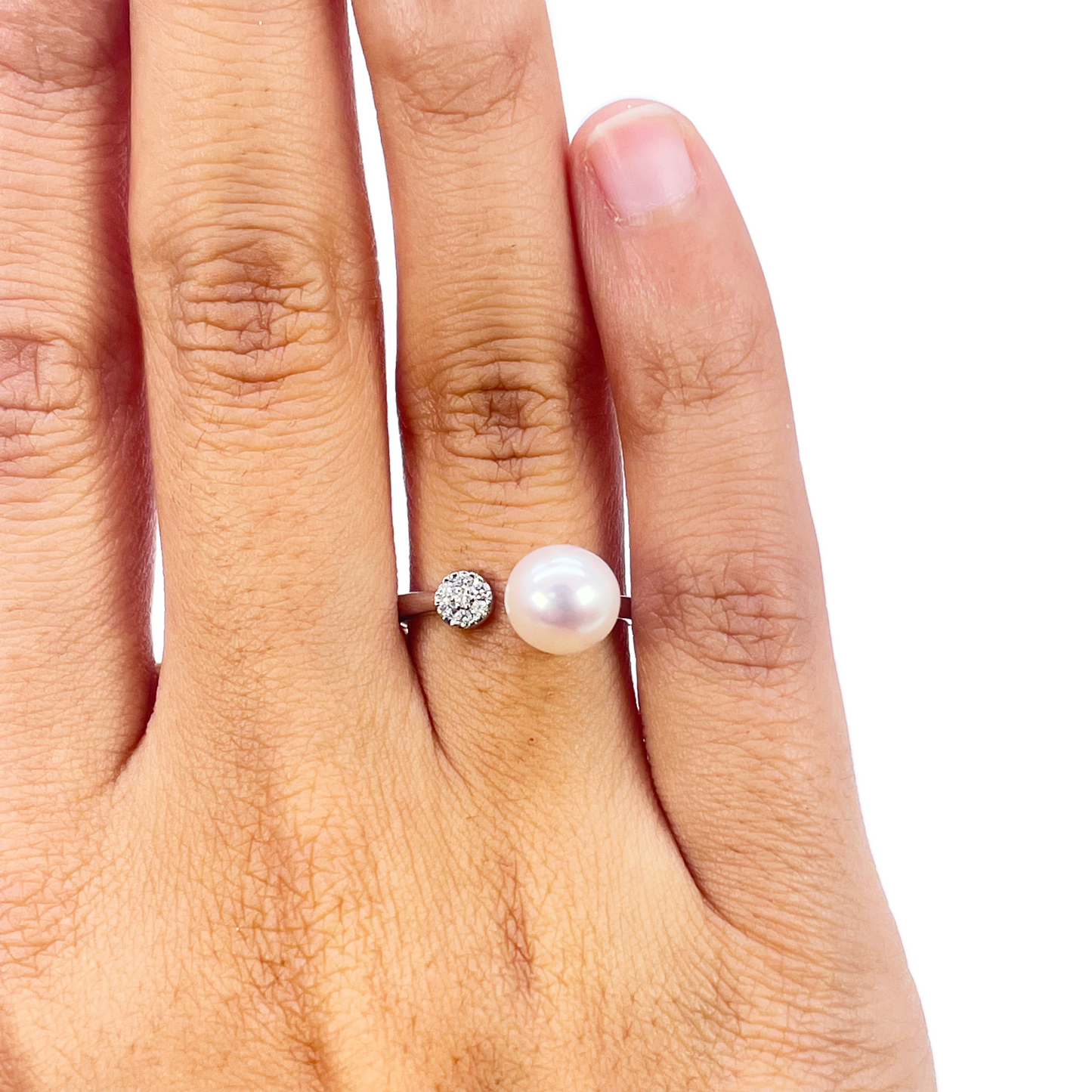 18kt guld ferskvandsperle diamant ring naturlig rund 0,05ct