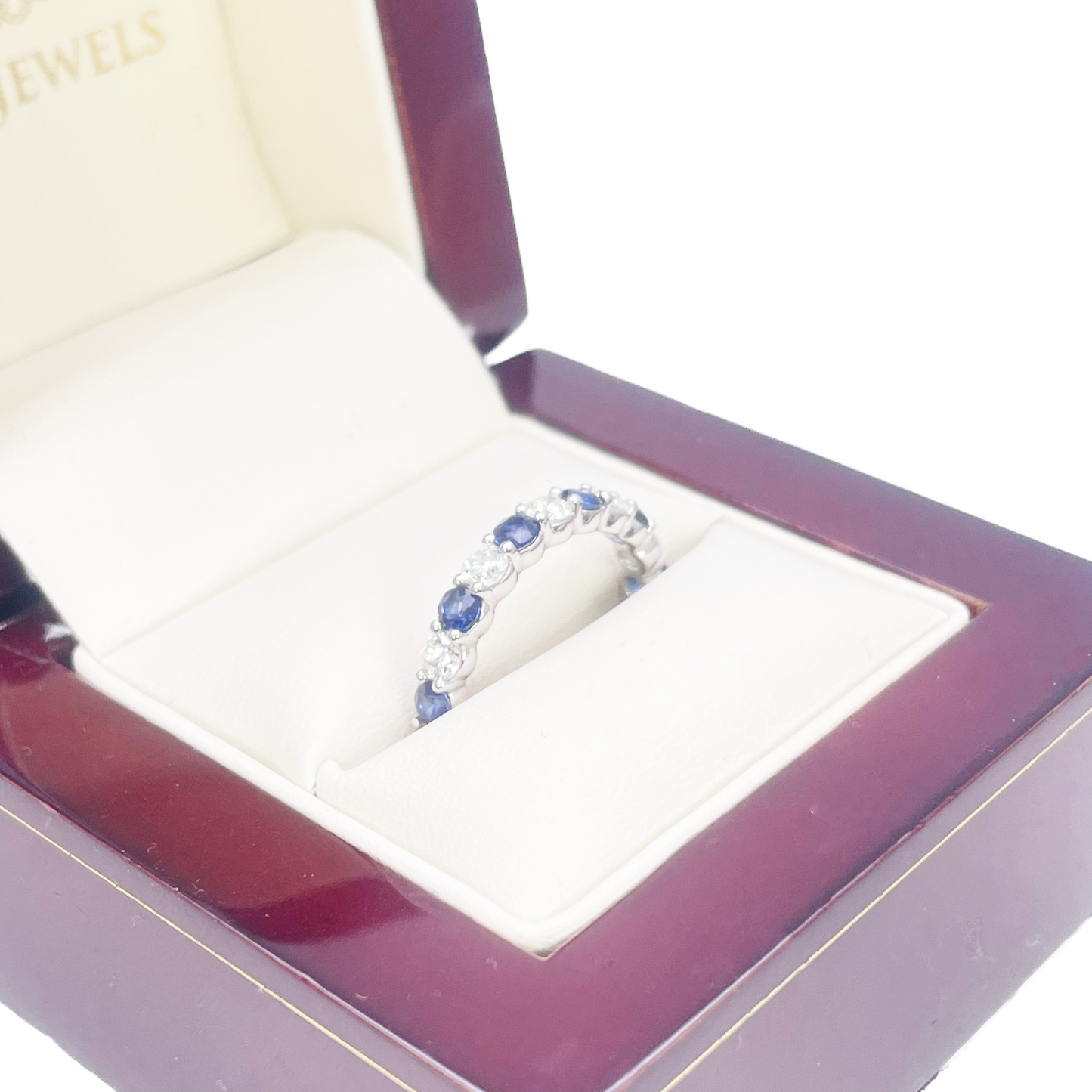 18kt guld naturlig rund diamant og safir halv evigheds ring stabelbar 1,20 ct
