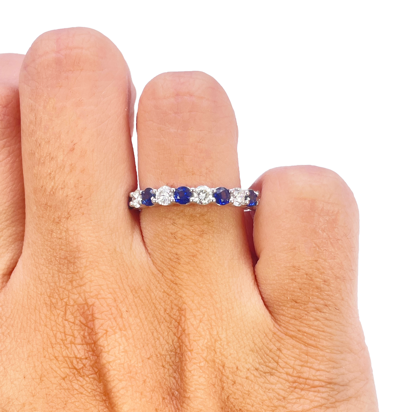 18kt guld naturlig rund diamant og safir halv evigheds ring stabelbar 1,20 ct