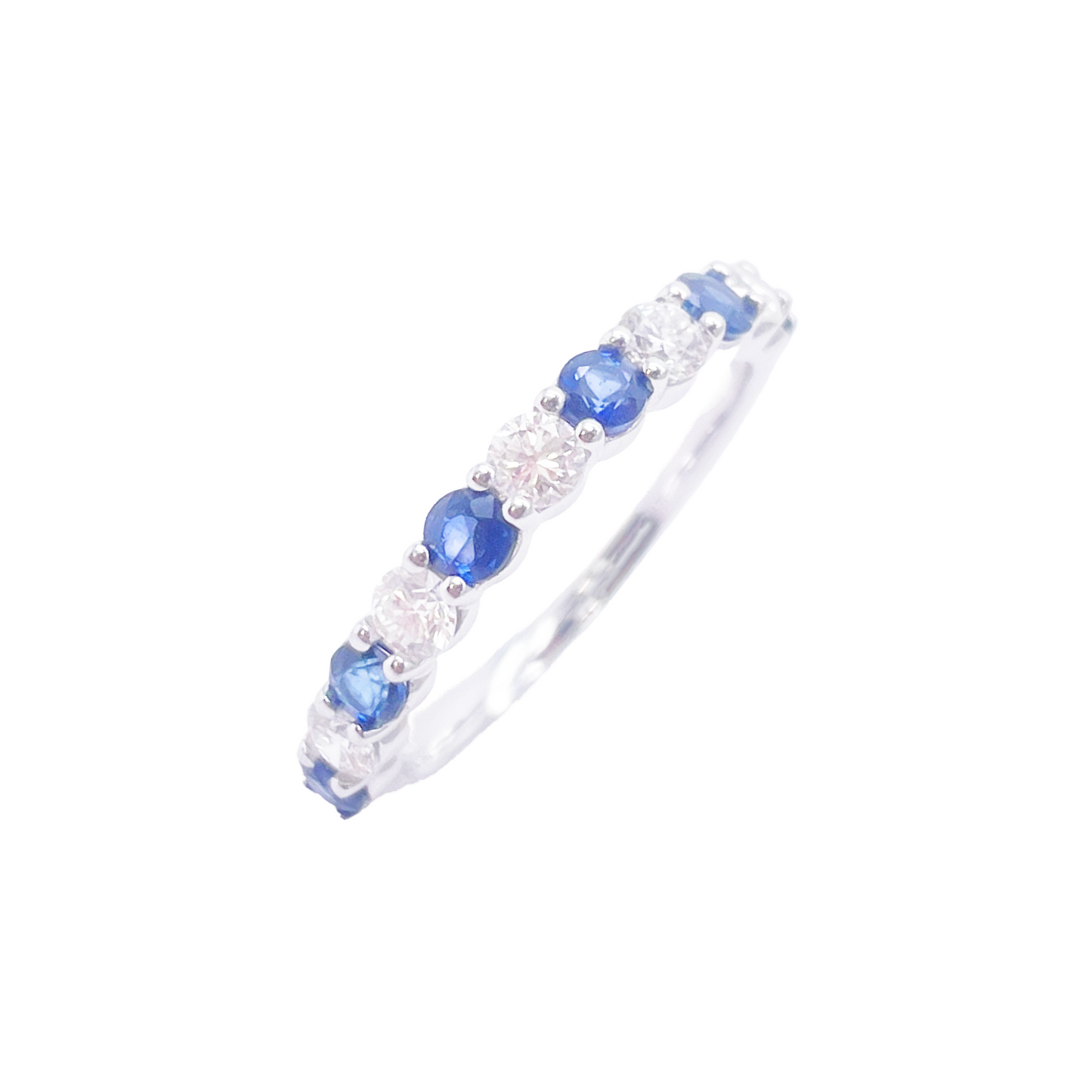 18kt guld naturlig rund diamant og safir halv evigheds ring stabelbar 1,20 ct