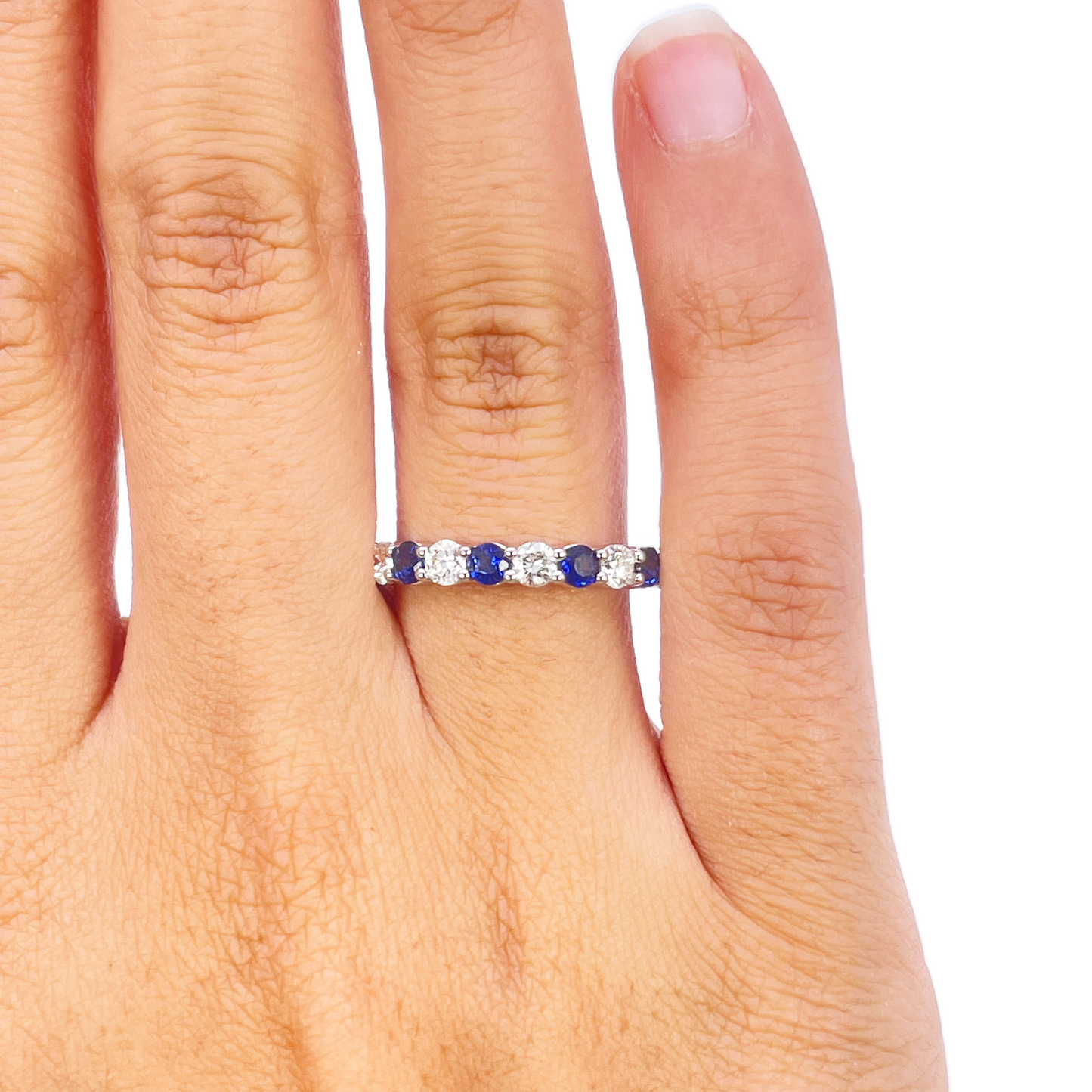 18kt guld naturlig rund diamant og safir halv evigheds ring stabelbar 1,20 ct