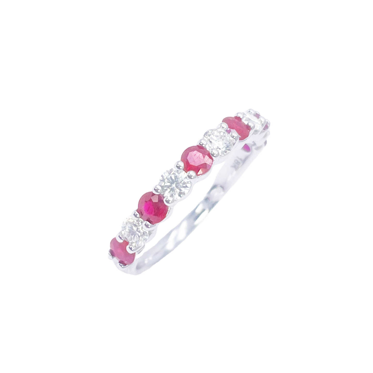 18kt guld naturlig rund diamant og rubin halv evigheds ring stabelbar 1,05 ct