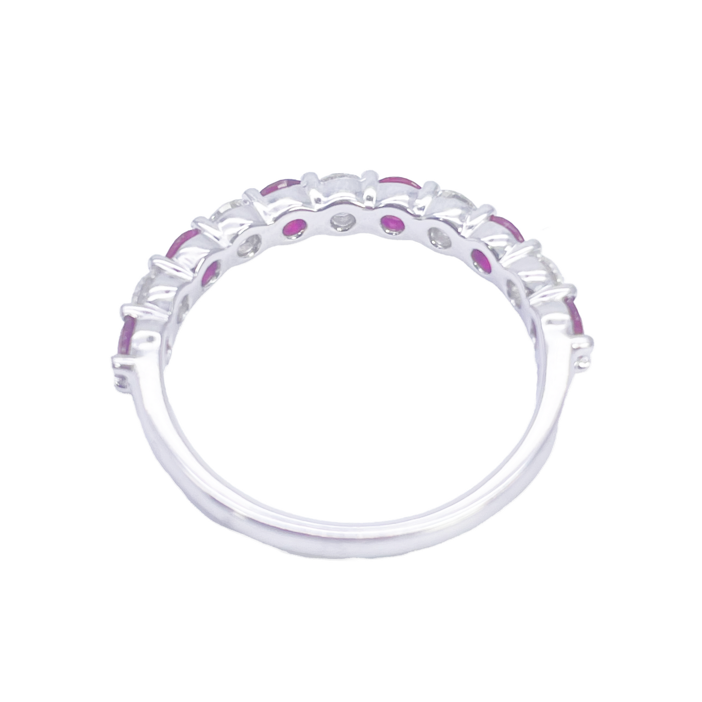 18kt guld naturlig rund diamant og rubin halv evigheds ring stabelbar 1,05 ct
