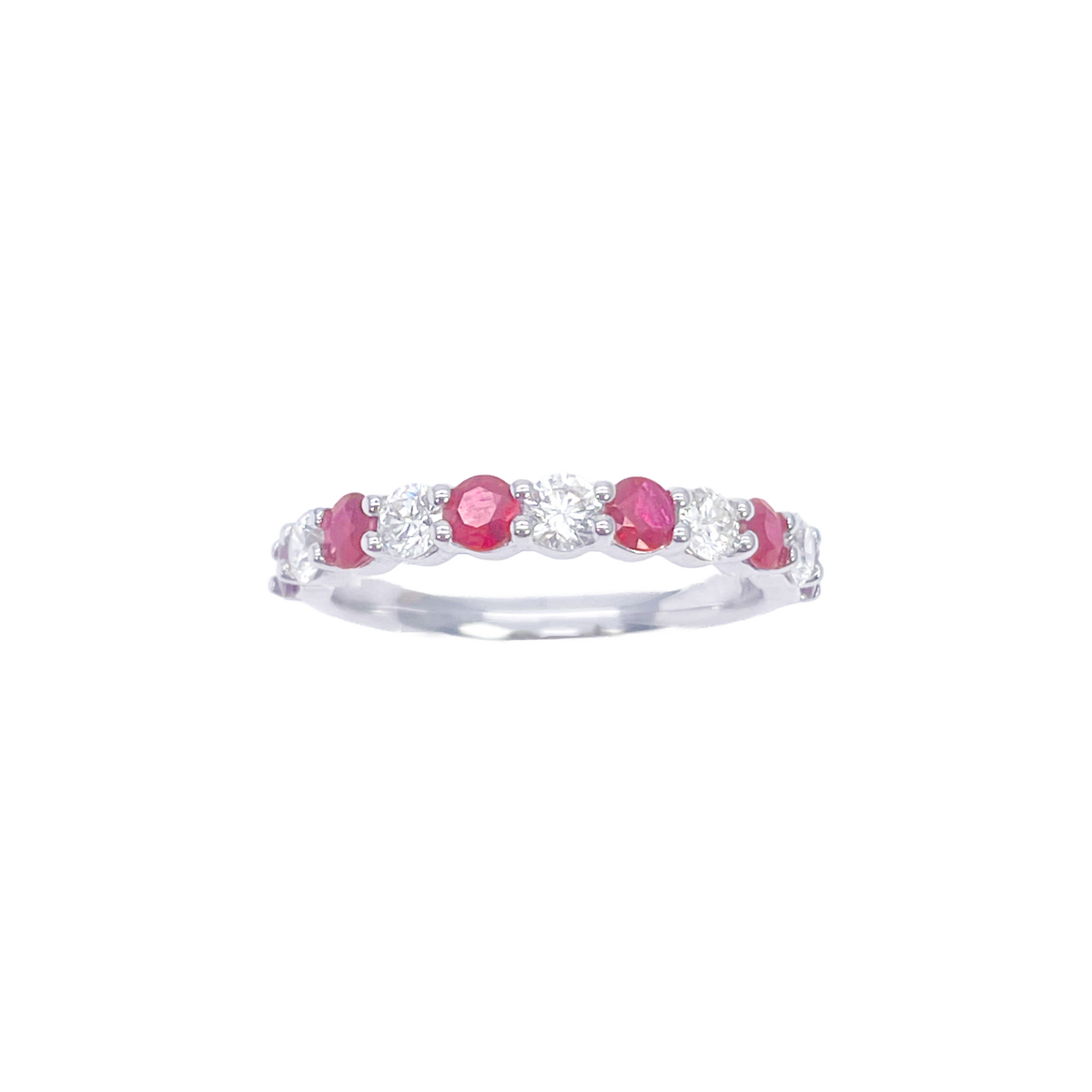 18kt guld naturlig rund diamant og rubin halv evigheds ring stabelbar 1,05 ct