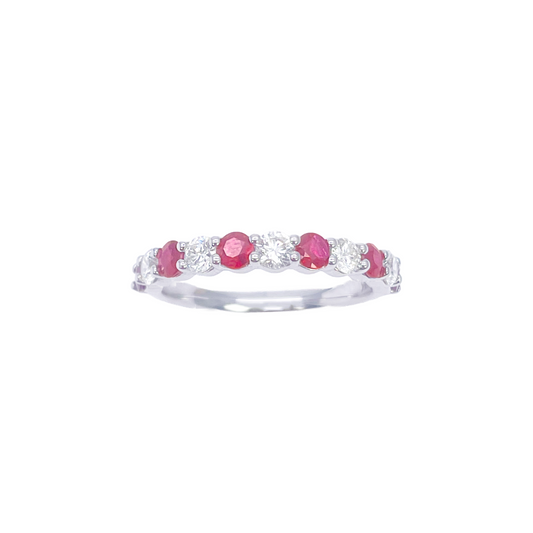 18kt guld naturlig rund diamant og rubin halv evigheds ring stabelbar 1,05 ct