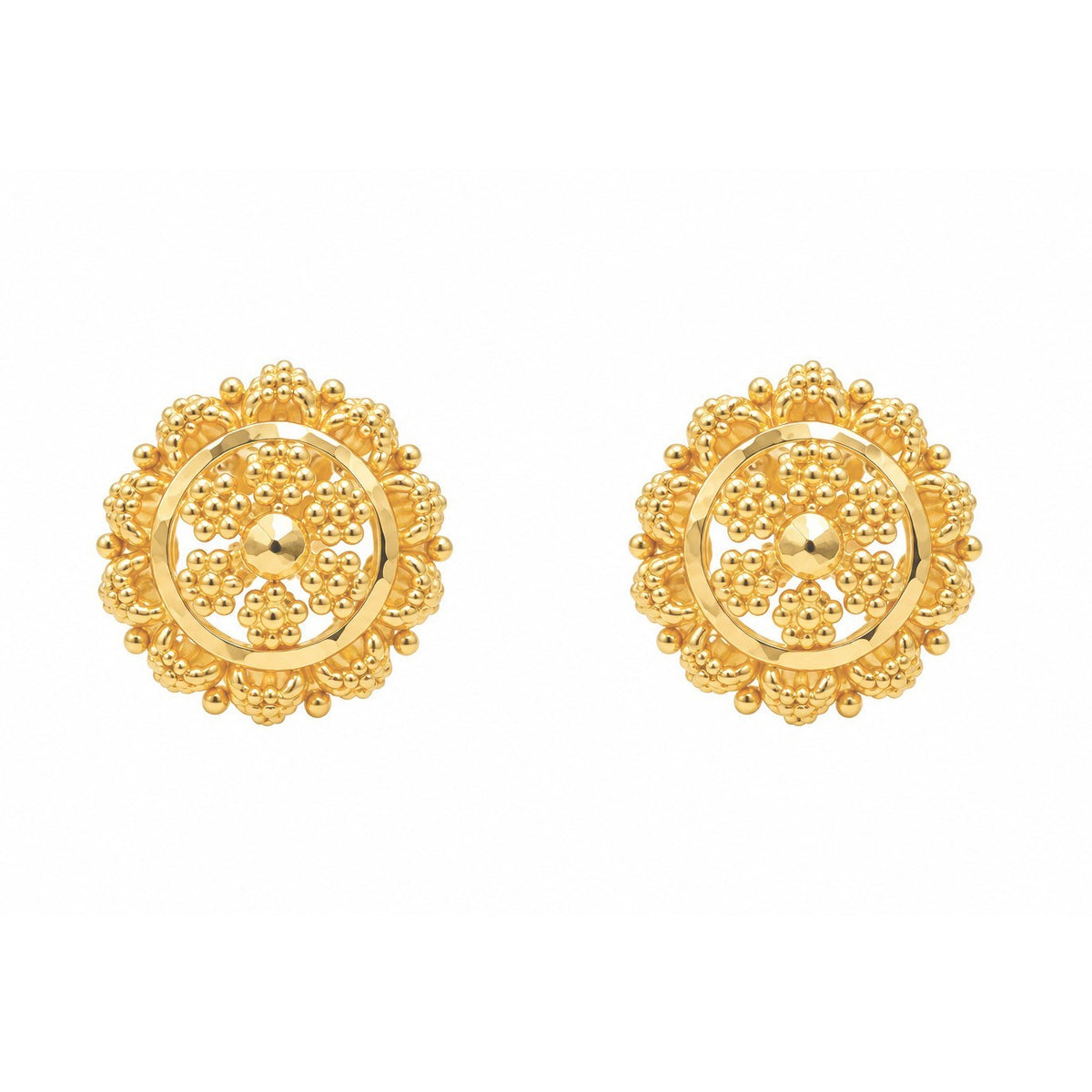 22ct Yellow Gold Filigree Floral Mandala Stud Earrings Rawa Work 9.2mm