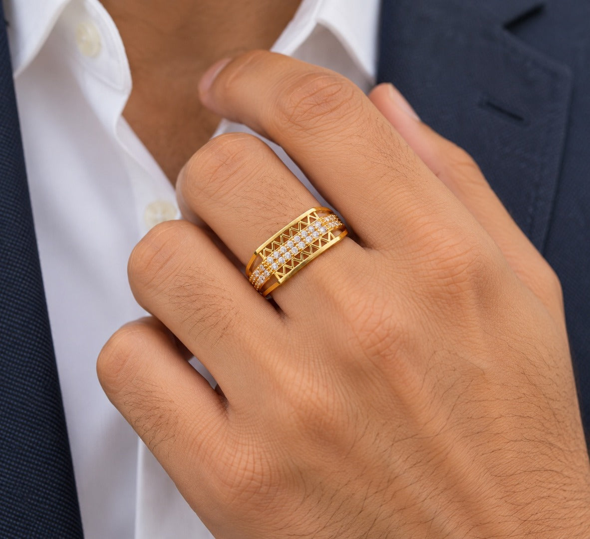 22ct Yellow Gold Cubic Zirconia Ring Chevron Cutout Cluster Set Statement