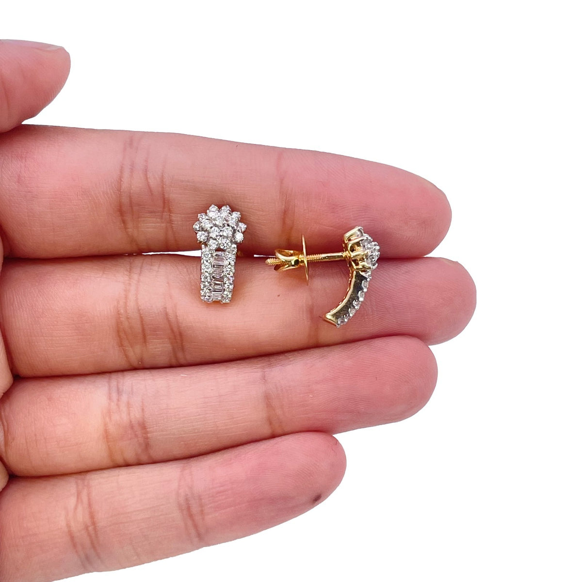 18ct Yellow Gold Natural Diamond Cluster Earrings Baguette Round Drop 1.00ct