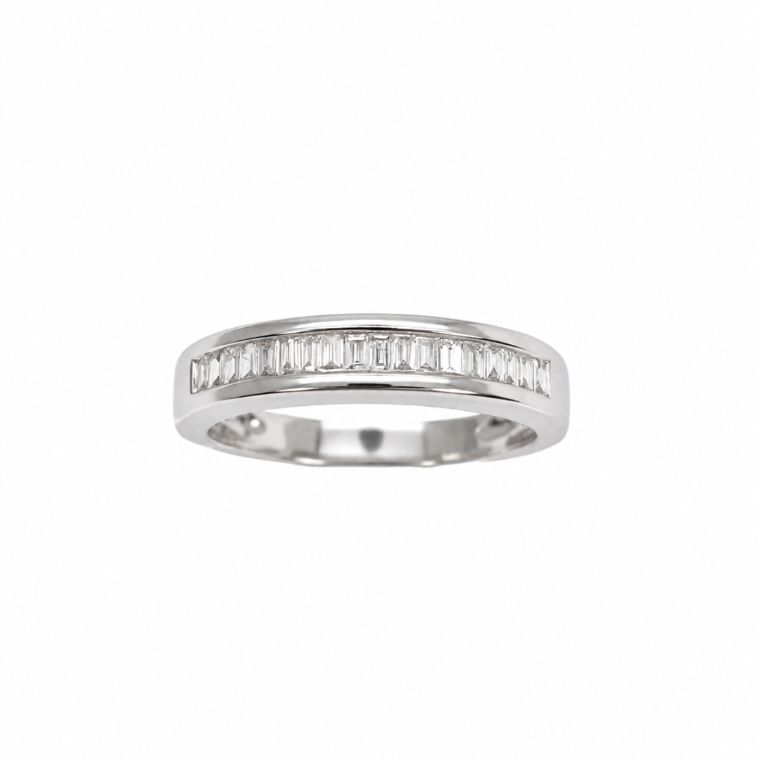 18ct white gold half eternity ring with channel set natural baguette diamonds, side view