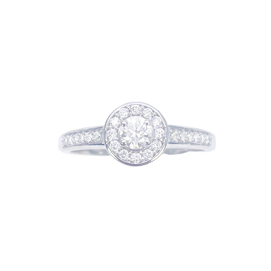 18 kt hvidguld og rund naturlig diamant pavé halo ring 0,30 ct
