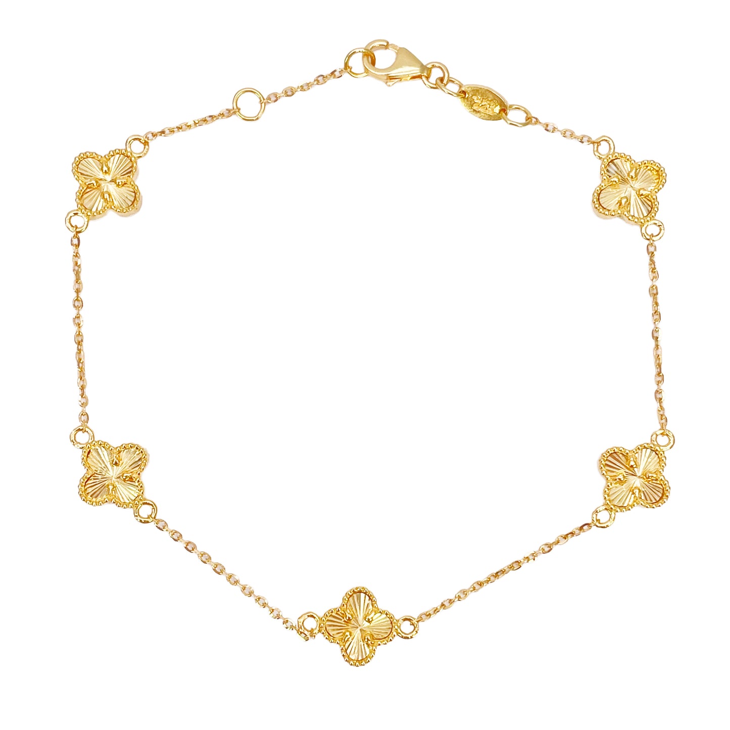 22 kt gult guld 5 blomster kløver diamant skåret armbånd 7,5 tommer