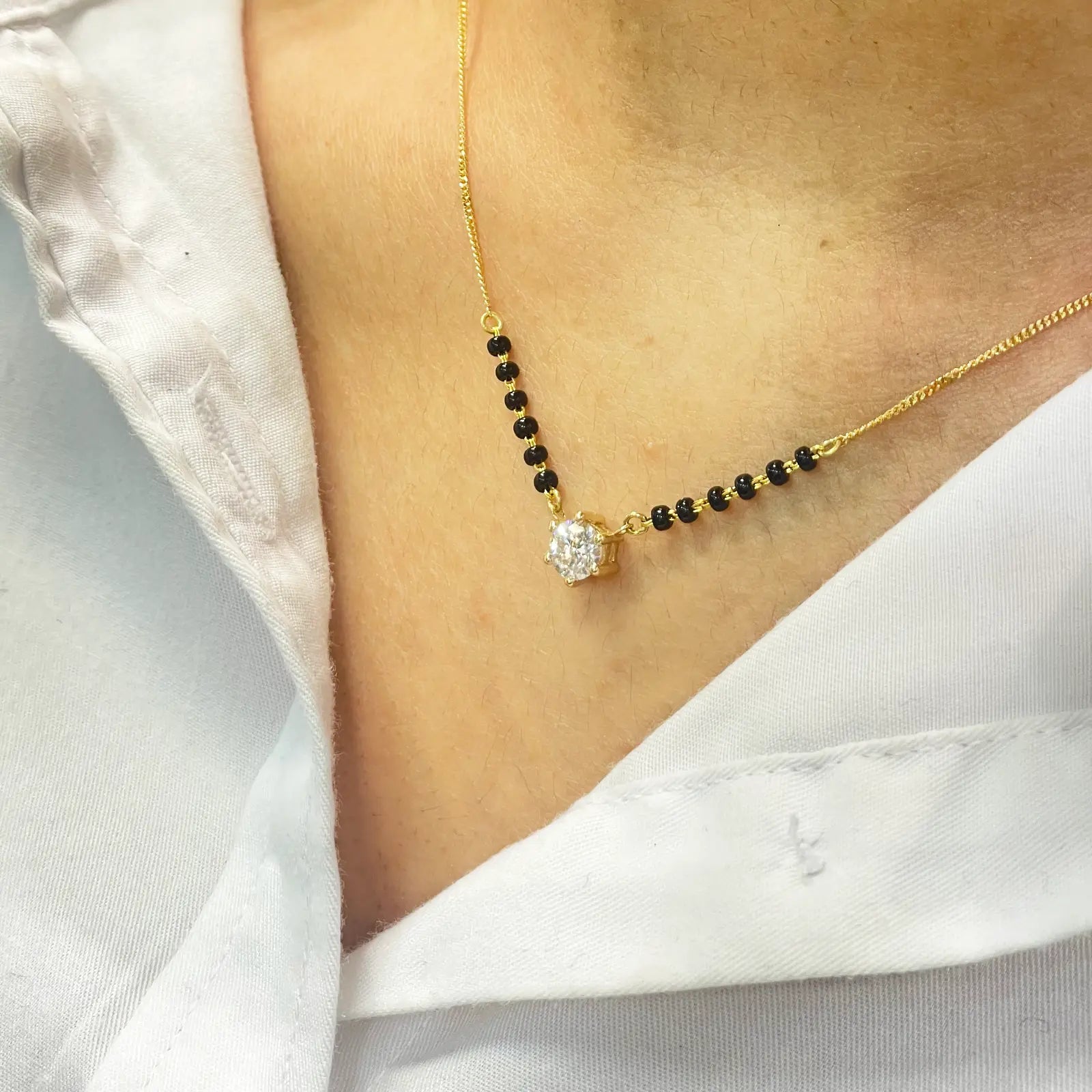 18ct Yellow Gold Lab Grown 6 Claw Diamond 0.70ct Black Beads Mangalsutra Necklace IGI Certified  Mangalsutra Chains