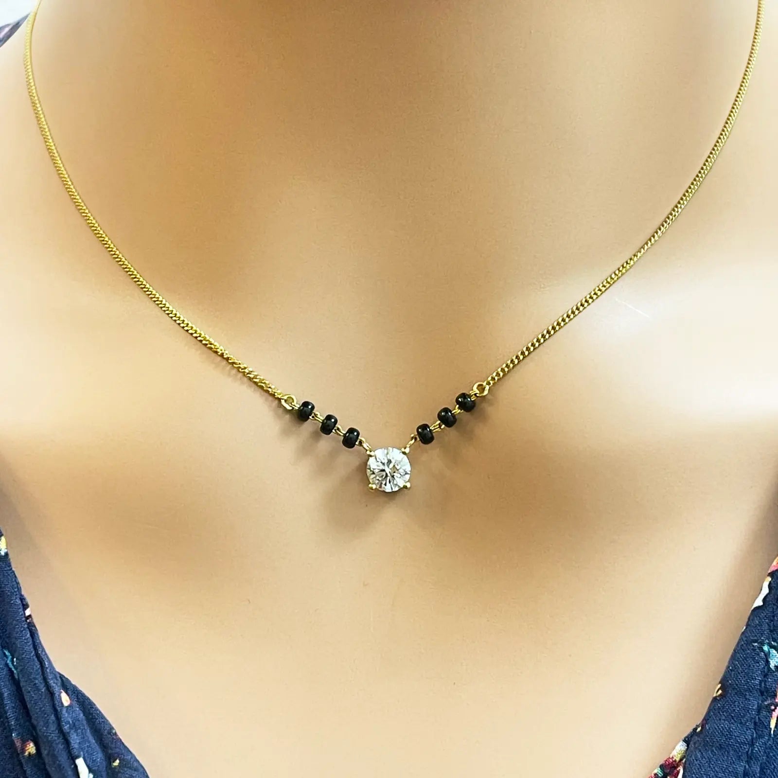 18ct Yellow Gold Lab Grown Diamond 0.50ct Black Beads Mangalsutra Necklace  Mangalsutra Chains